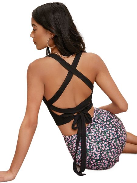 club crisscross tie backless crop cami n0kg#, White 
club crisscross tie backless crop cami n0kg#, White