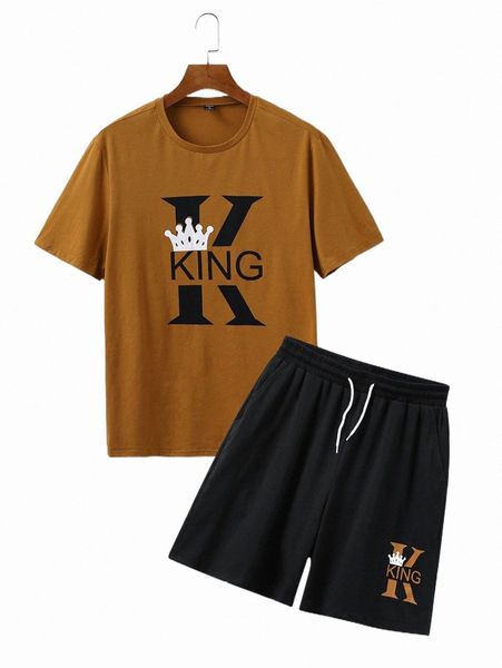 men crown & letter graphic tee & drawstring waist shorts g9td#, Gray 
men crown & letter graphic tee & drawstring waist shorts g9td#, Gray