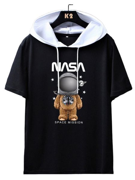 men bear & letter graphic drawstring hooded tee y5pb#, White;black 
men bear & letter graphic drawstring hooded tee y5pb#, White;black
