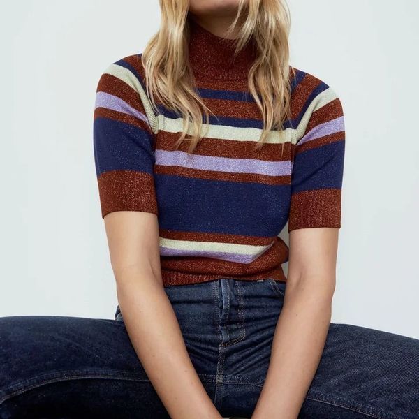 xnwmnz za women fashion striped knitted sweater vintage high neck short sleeve female pullovers streetwear chic 210513, White;black
xnwmnz za women fashion striped knitted sweater vintage high neck short sleeve female pullovers streetwear chic 210513, White;black