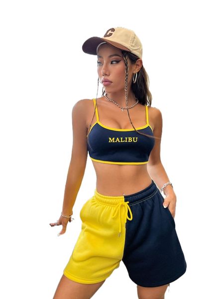 letter graphic contrast binding cami & two tone drawstring waist shorts g9dm#, White
letter graphic contrast binding cami & two tone drawstring waist shorts g9dm#, White