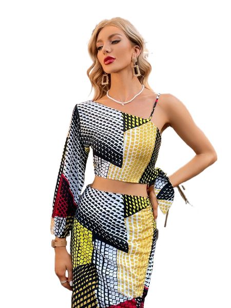 geo & colorblock one shoulder blouse without skirt q44a#, White
geo & colorblock one shoulder blouse without skirt q44a#, White