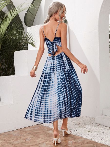 knot back tie dye cami dress 45ky#, Black;gray