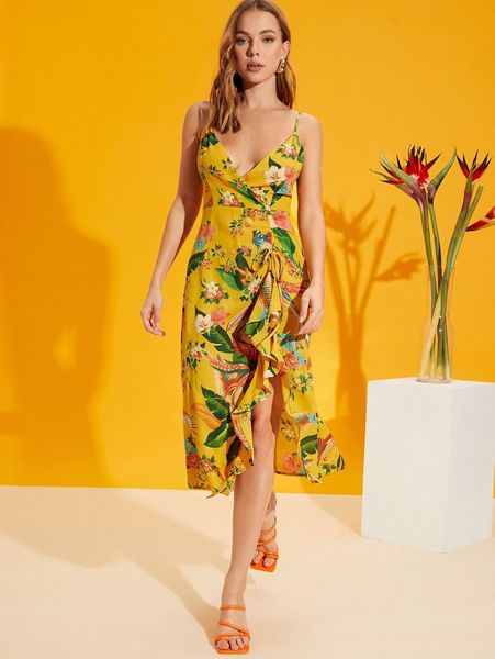 surplice neck drawstring front ruffle trim cami dress t1b3#, Black;gray
surplice neck drawstring front ruffle trim cami dress t1b3#, Black;gray