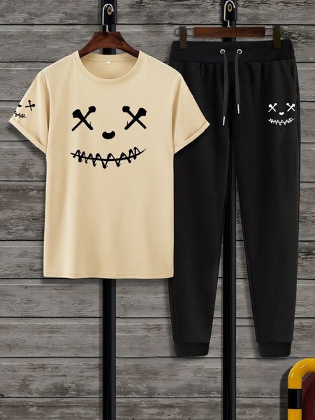 men cartoon graphic tee & drawstring waist sweatpants k1jt#, Gray