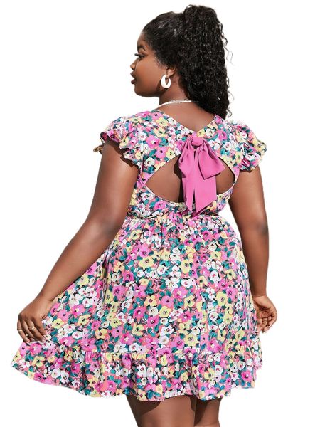 plus allover floral print flutter sleeve backless knot ruffle hem dress g9d4#, Black
plus allover floral print flutter sleeve backless knot ruffle hem dress g9d4#, Black