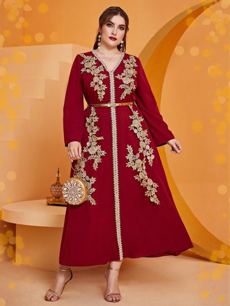 plus floral embroidery belted dress d5x7#, Black