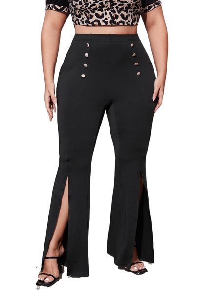 plus double button split hem flare leg pants u27h#, Black