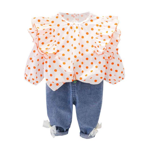 dot clothes set for kid girl outfit set dot pleated lace collar + long denim bows trousers children clothing aa220323, Blue
dot clothes set for kid girl outfit set dot pleated lace collar + long denim bows trousers children clothing aa220323, Blue
