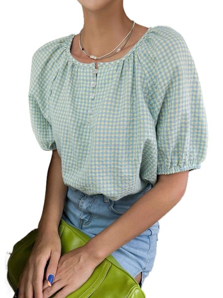 dazy gingham print puff sleeve blouse u2b6#, White