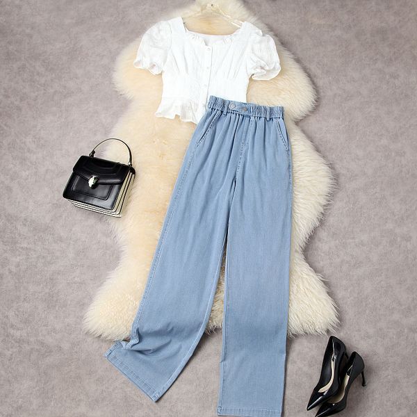 european and american women's wear spring 2022 new white shirt with short sleeves wide leg jeans fashion suits
european and american women's wear spring 2022 new white shirt with short sleeves wide leg jeans fashion suits