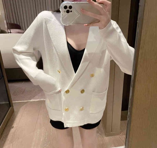 women's knits & tees 2022 spring style suit collar thin foreign versatile v-neck double breasted solid color sweater coat women's, White
women's knits & tees 2022 spring style suit collar thin foreign versatile v-neck double breasted solid color sweater coat women's, White