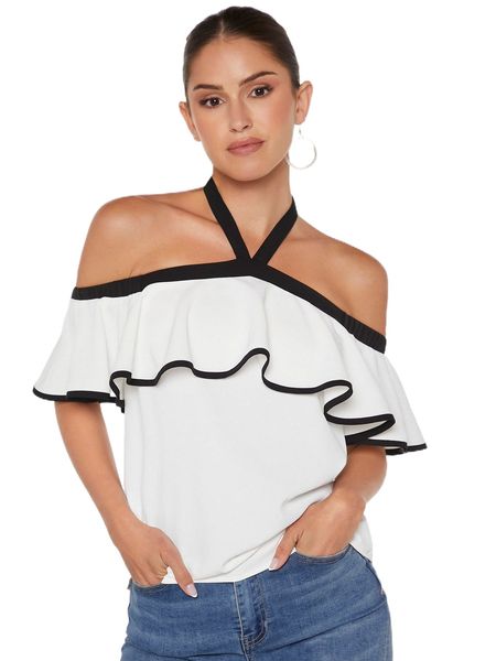 halter off shoulder contrast binding ruffle trim blouse 04z2#, White