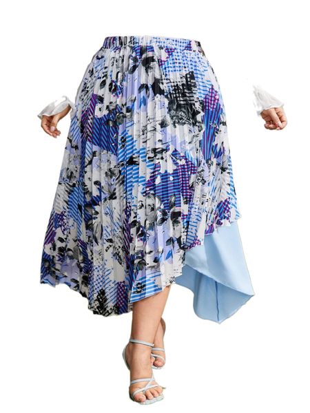 plus floral pleated asymmetrical hem skirt b4ks#, Black
plus floral pleated asymmetrical hem skirt b4ks#, Black