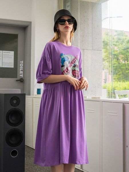 dazy cartoon & slogan graphic dress y2im#, Black;gray