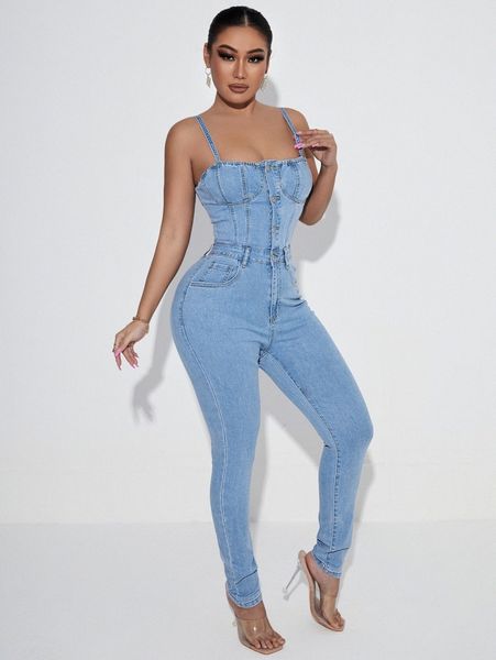 sxy button front bustier denim cami jumpsuit j9is#, Black;white
