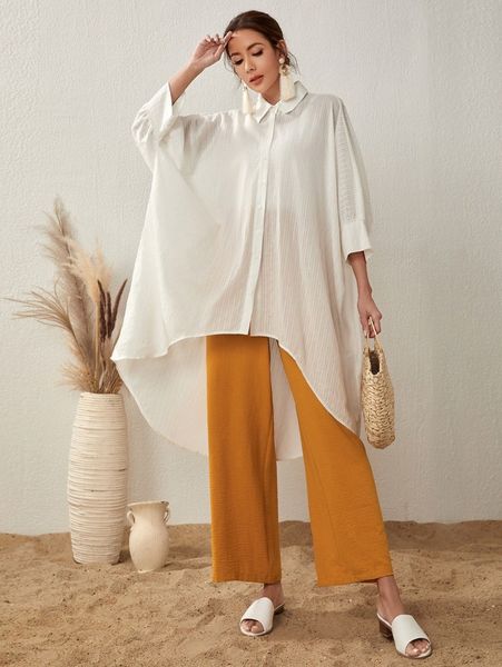 button front asymmetrical hem blouse 23gz#, White