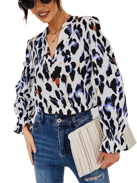 allover print flounce sleeve blouse d8en#, White
allover print flounce sleeve blouse d8en#, White
