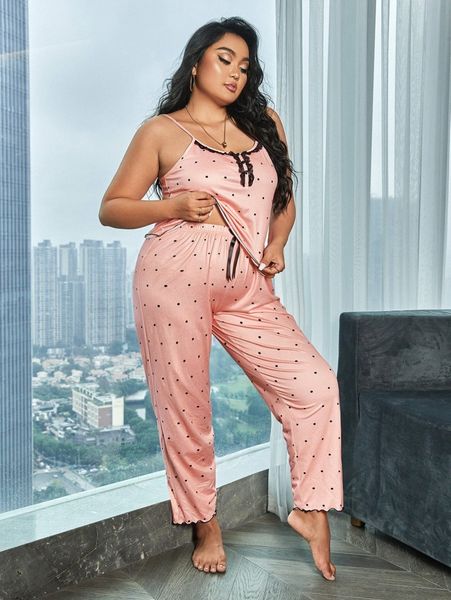 plus polka dot print contrast lace knot front lettuce trim pj set 228f#, Black;white
plus polka dot print contrast lace knot front lettuce trim pj set 228f#, Black;white