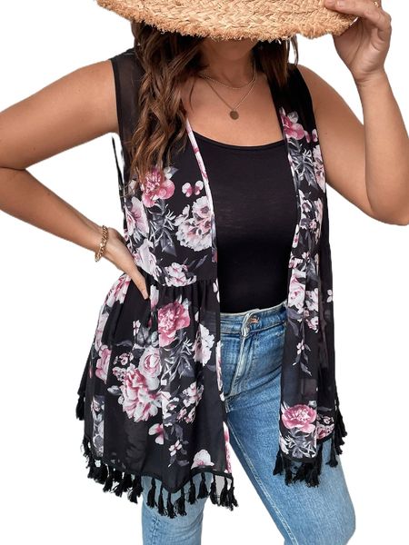 plus floral print chiffon tassel hem kimono b64q#, Black;gray 
plus floral print chiffon tassel hem kimono b64q#, Black;gray