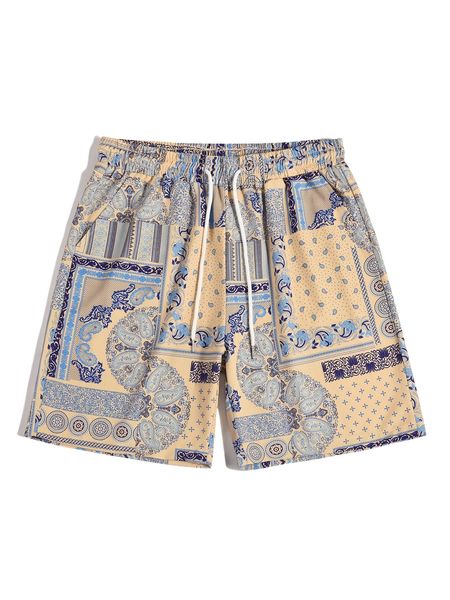 romwe guys paisley scarf print drawstring shorts v3ta#, White;black