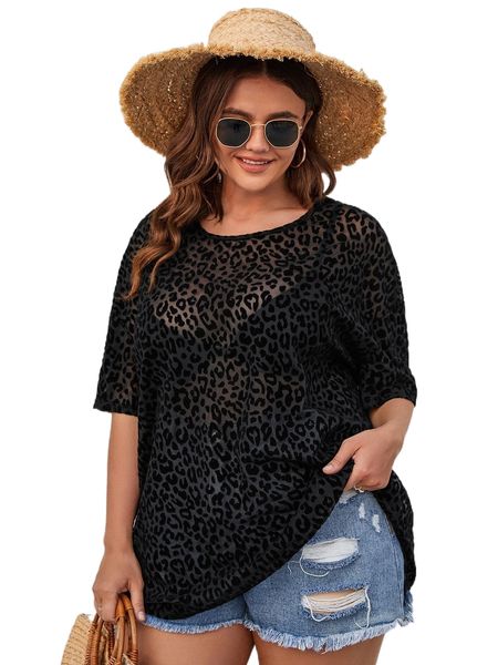 plus leopard print drop shoulder mesh without bra 74kd#, Black
plus leopard print drop shoulder mesh without bra 74kd#, Black