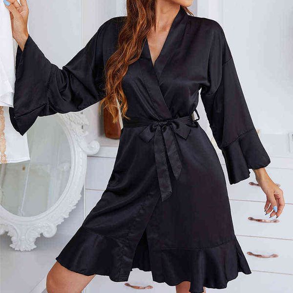 medium and long women's ruffled nightgown imitation silk cardigan pajama bathrobe summer black belt home clothes, Black;red
medium and long women's ruffled nightgown imitation silk cardigan pajama bathrobe summer black belt home clothes, Black;red
