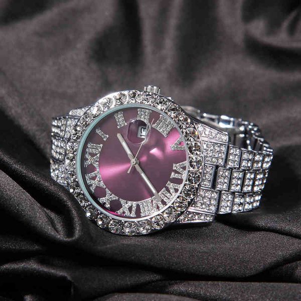 2022 iced out baby pink women with purple dial bling hip hop watch, Slivery;brown