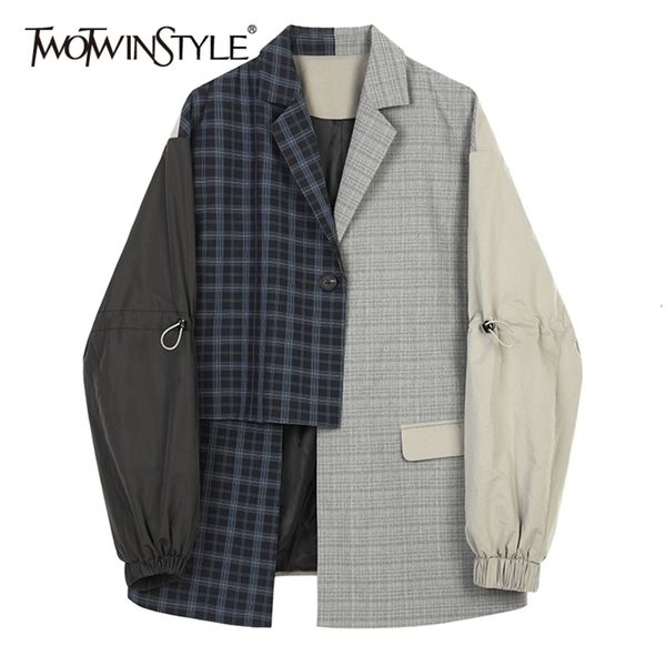 women blue plaid asymmetrical big size blazer lapel long sleeve loose fit jacket fashion spring autumn y201026, White;black
women blue plaid asymmetrical big size blazer lapel long sleeve loose fit jacket fashion spring autumn y201026, White;black
