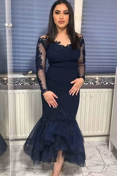 elegant dark navy tea-length mermaid prom dresses v neck long sleeves formal evening gowns appliques lace plus size special occasion dress w, Black
elegant dark navy tea-length mermaid prom dresses v neck long sleeves formal evening gowns appliques lace plus size special occasion dress w, Black
