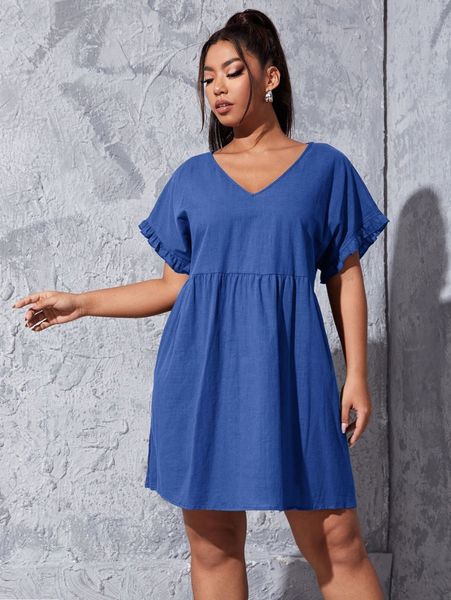 plus v neck solid frill trim dress m77q#, Black 
plus v neck solid frill trim dress m77q#, Black