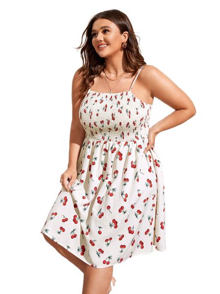 plus allover cherry print shirred cami dress o8h2#, Black