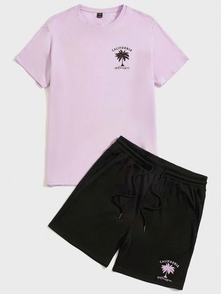 men tropical and letter print & track shorts set v9bu#, Gray