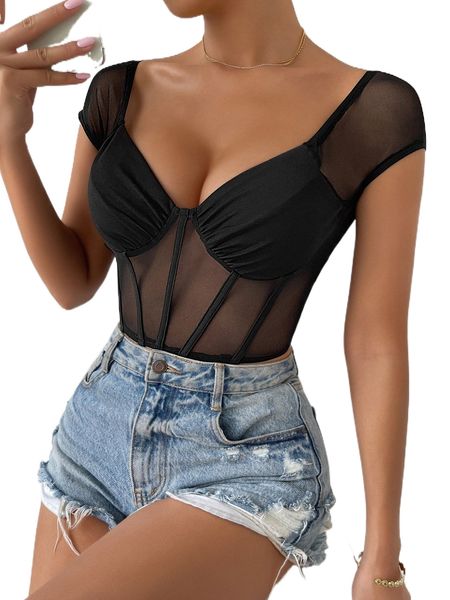 sweetheart neck contrast mesh bustier i62g#, White 
sweetheart neck contrast mesh bustier i62g#, White