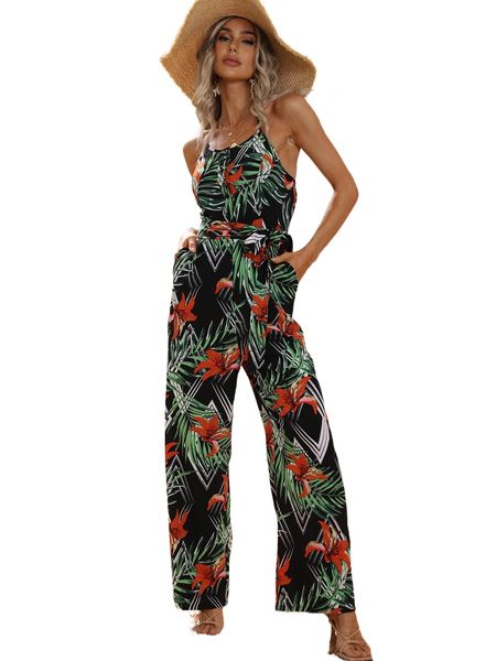tropical print belted cami jumpsuit f3zw#, Black;white 
tropical print belted cami jumpsuit f3zw#, Black;white