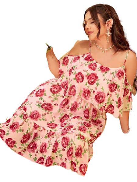 plus floral print ruffle hem cami dress d1lf#, Black