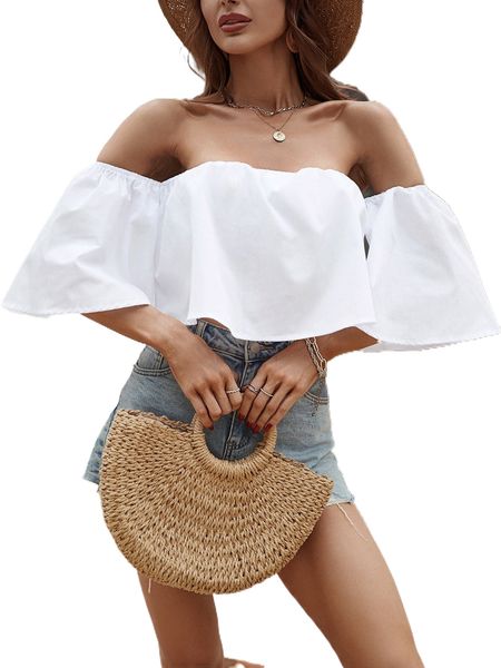 off shoulder solid s2wj#, White