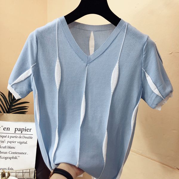 women's knits tees v-neck short sleeve spring summer style knitted sweater pullovers lady casual patchwork color pink pullovers, White
women's knits tees v-neck short sleeve spring summer style knitted sweater pullovers lady casual patchwork color pink pullovers, White