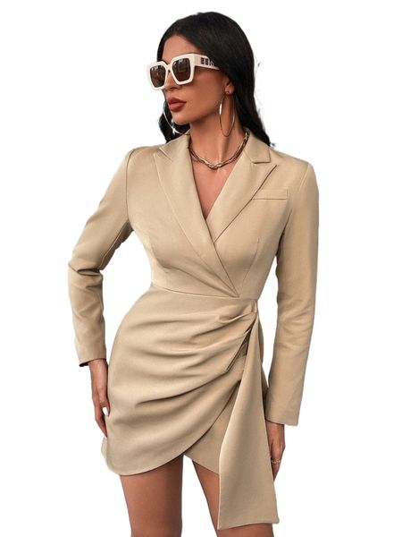 lapel collar tulip hem dress l9fc#, Black;gray