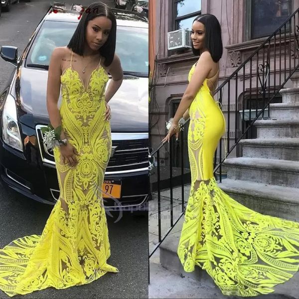 2022 yellow mermaid prom dresses spaghetti straps sweep train lace applique back custom made plus size evening party gown vestidos, Black
2022 yellow mermaid prom dresses spaghetti straps sweep train lace applique back custom made plus size evening party gown vestidos, Black
