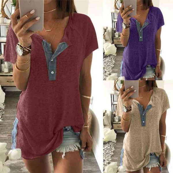 women's t-shirt stitching short sleeve button loose t-shirt colored cotton wbm6, White
women's t-shirt stitching short sleeve button loose t-shirt colored cotton wbm6, White