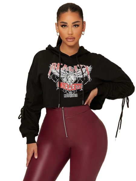 sxy letter & eagle print crop sweatshirt e72f#, Black 
sxy letter & eagle print crop sweatshirt e72f#, Black