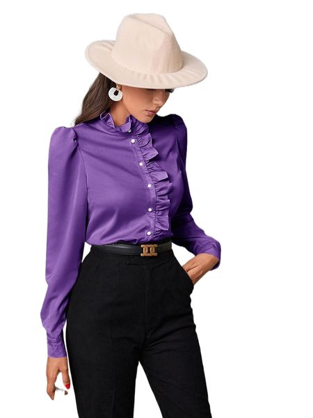 ruffle trim puff sleeve blouse s7aq#, White
ruffle trim puff sleeve blouse s7aq#, White