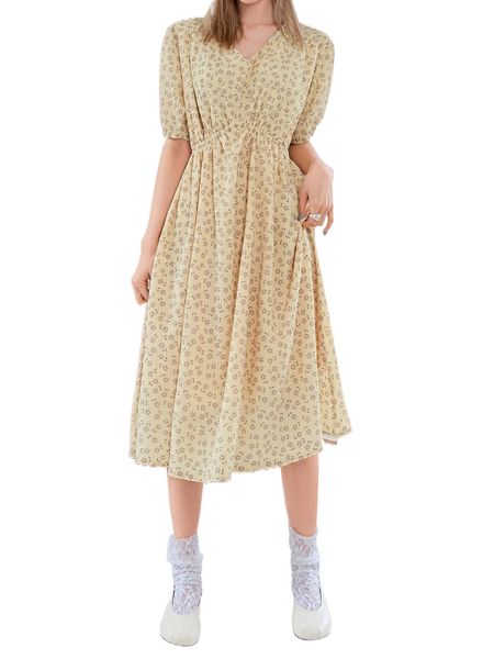 dazy ditsy floral tie back smock dress h9hf#, Black;gray 
dazy ditsy floral tie back smock dress h9hf#, Black;gray