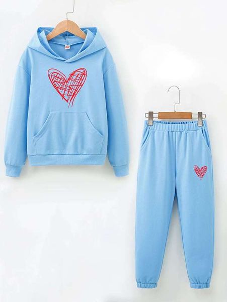 girls heart print drop shoulder hoodie & sweatpants she01, White