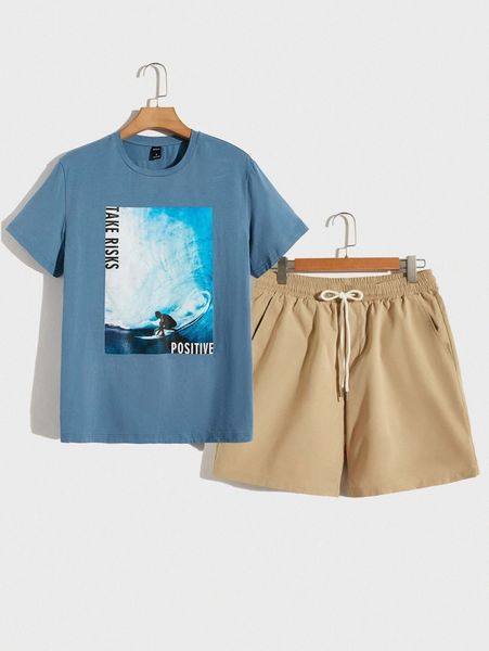 men letter & figure graphic tee & drawstring waist shorts y6lt#, Gray
men letter & figure graphic tee & drawstring waist shorts y6lt#, Gray