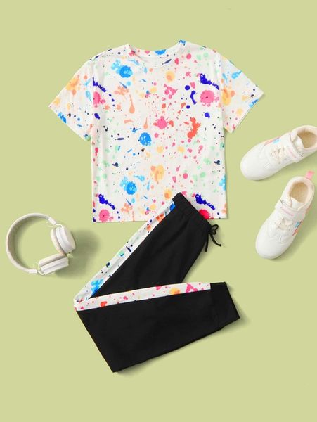 girls ink print tee & sweatpants set she, White