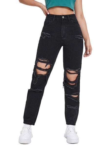 high waist ripped tapered jeans t97v#, Blue