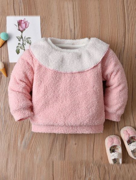baby color block ruffle trim thermal lined teddy pullover she, Black 
baby color block ruffle trim thermal lined teddy pullover she, Black