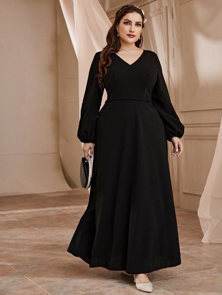 plus v neck lantern sleeve dress o3od#, Black
plus v neck lantern sleeve dress o3od#, Black